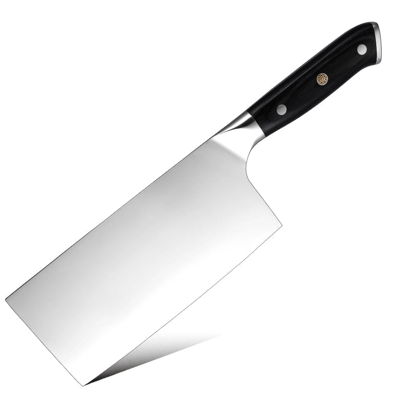 Knife with a silver blade and black handle on a white background, branded 'Vogue'.