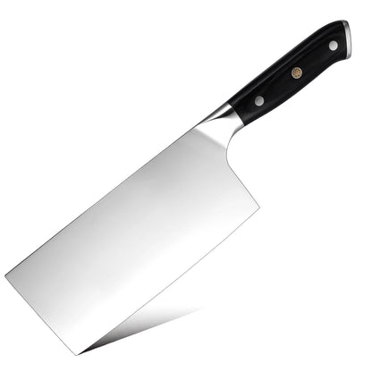 Knife with a silver blade and black handle on a white background, branded 'Vogue'.