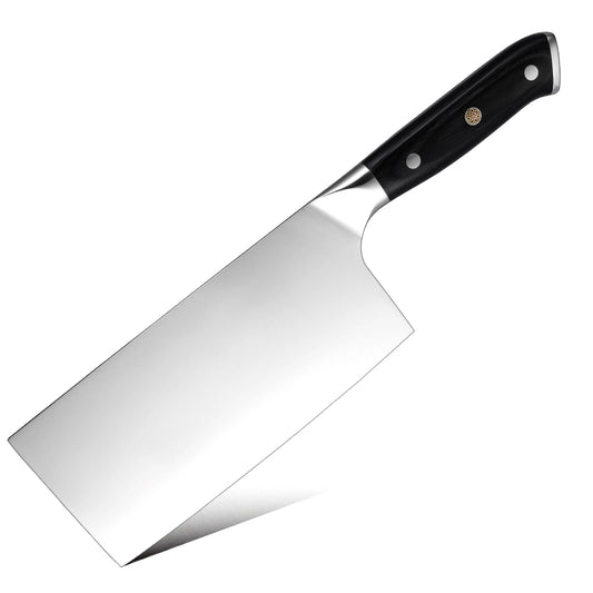Knife with a silver blade and black handle on a white background, branded 'Vogue'.