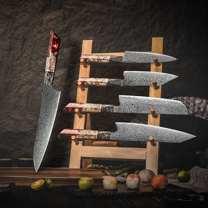Damascus Chef Knife Set 5-Piece — 67-Layer Steel, Resin & Solidified Wood Handle, 60HRC