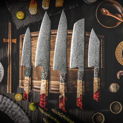 Damascus Chef Knife Set 5-Piece — 67-Layer Steel, Resin & Solidified Wood Handle, 60HRC