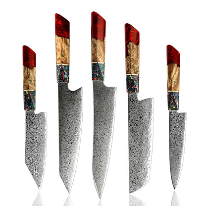 Damascus Chef Knife Set 5-Piece — 67-Layer Steel, Resin & Solidified Wood Handle, 60HRC