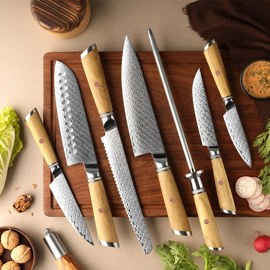 Damascus Kitchen Knife Set — 67-Layer Steel, Olive Wood Handle, 60HRC, 7-Piece