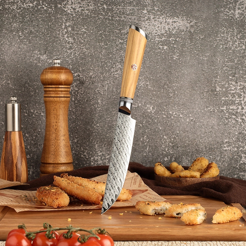 Knife with wooden handle on a wooden cutting board with food and spices