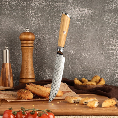 Knife with wooden handle on a wooden cutting board with food and spices