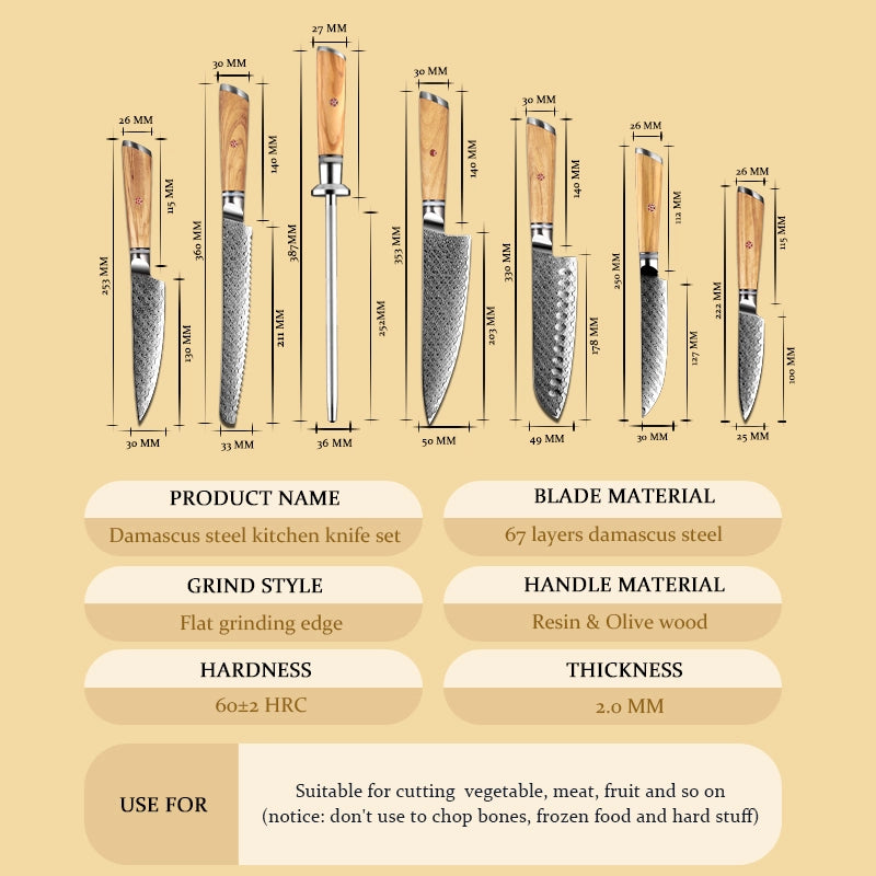 Set of Damascus steel kitchen knives with measurements and specifications on a beige background