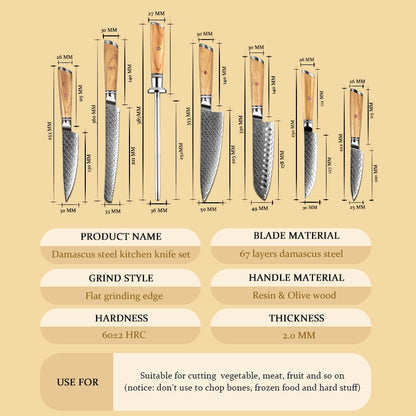 Set of Damascus steel kitchen knives with measurements and specifications on a beige background