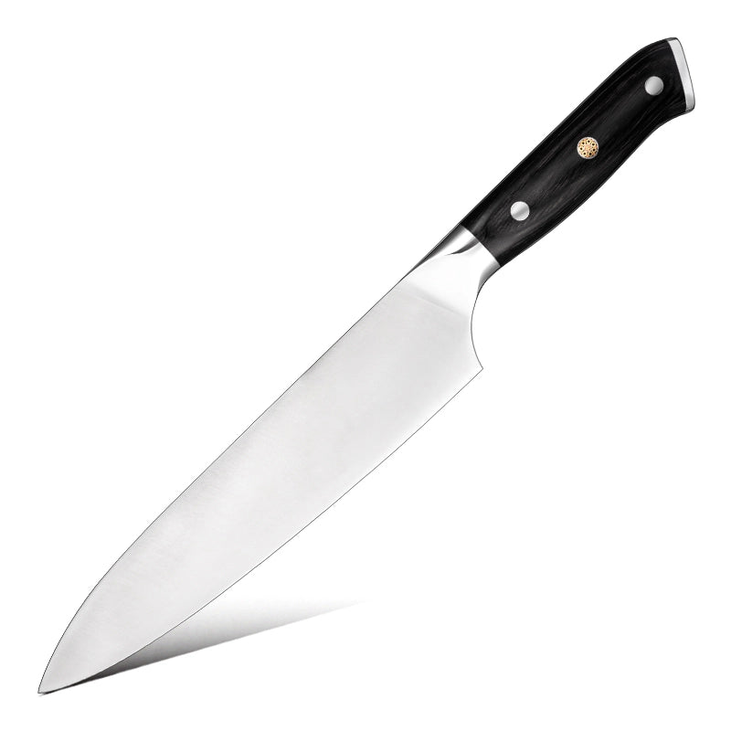 Chef's knife with a black handle on a white background
