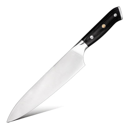 Chef's knife with a black handle on a white background