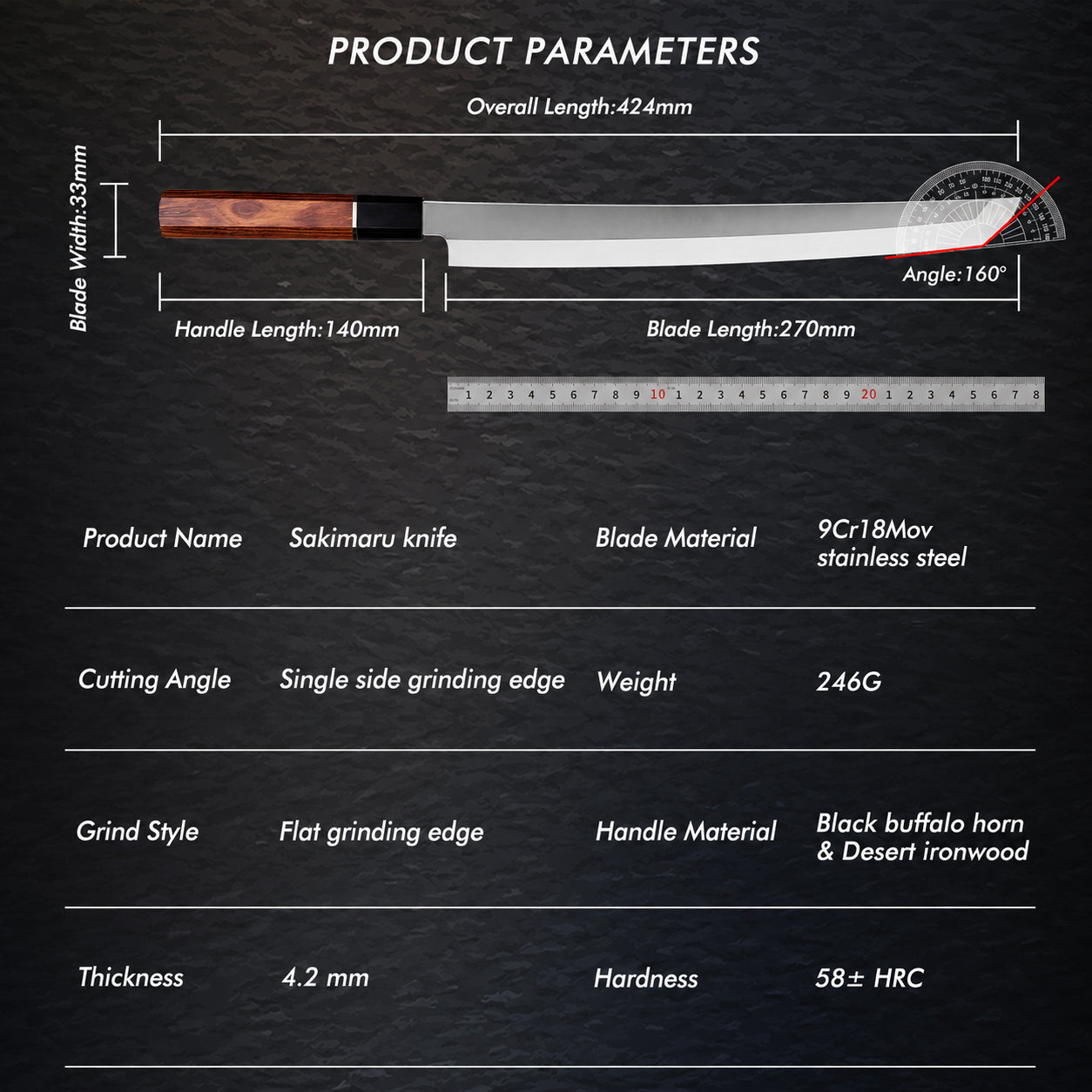 Japanese Sakimaru Sushi Knife — High Carbon Steel, Rosewood Handle & Saya Scabbard