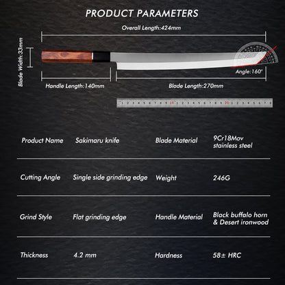 Japanese Sakimaru Sushi Knife — High Carbon Steel, Rosewood Handle & Saya Scabbard