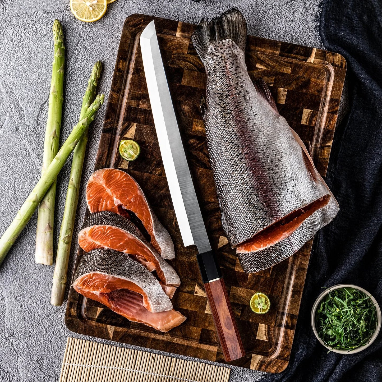 Japanese Sakimaru Sushi Knife — High Carbon Steel, Rosewood Handle & Saya Scabbard