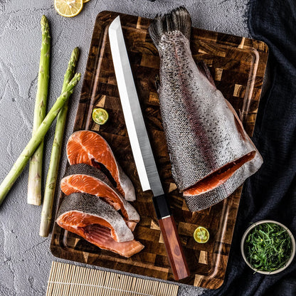 Japanese Sakimaru Sushi Knife — High Carbon Steel, Rosewood Handle & Saya Scabbard
