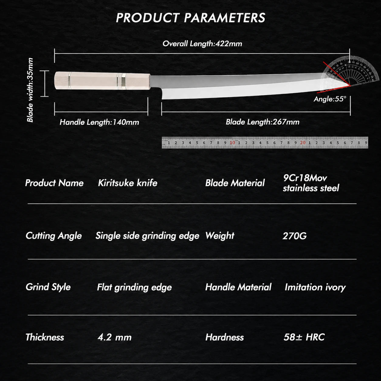 Product parameters of a Kiritsuke knife on a black background