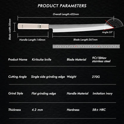 Product parameters of a Kiritsuke knife on a black background